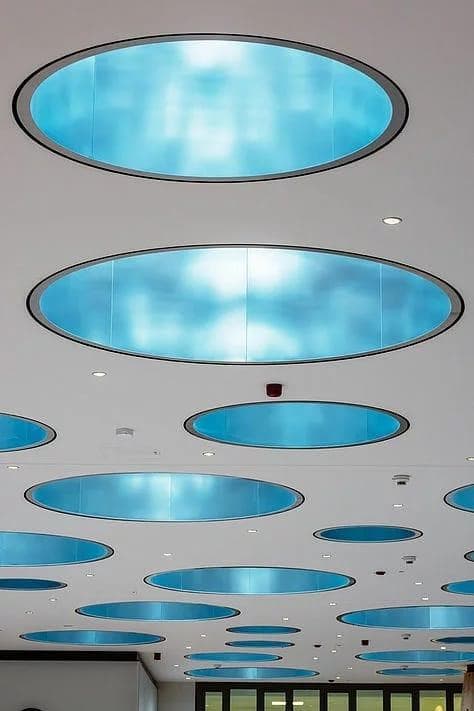 Rooftop daylight collectors supplying the durlum daylight ceiling system at Blue Hospital in Germany