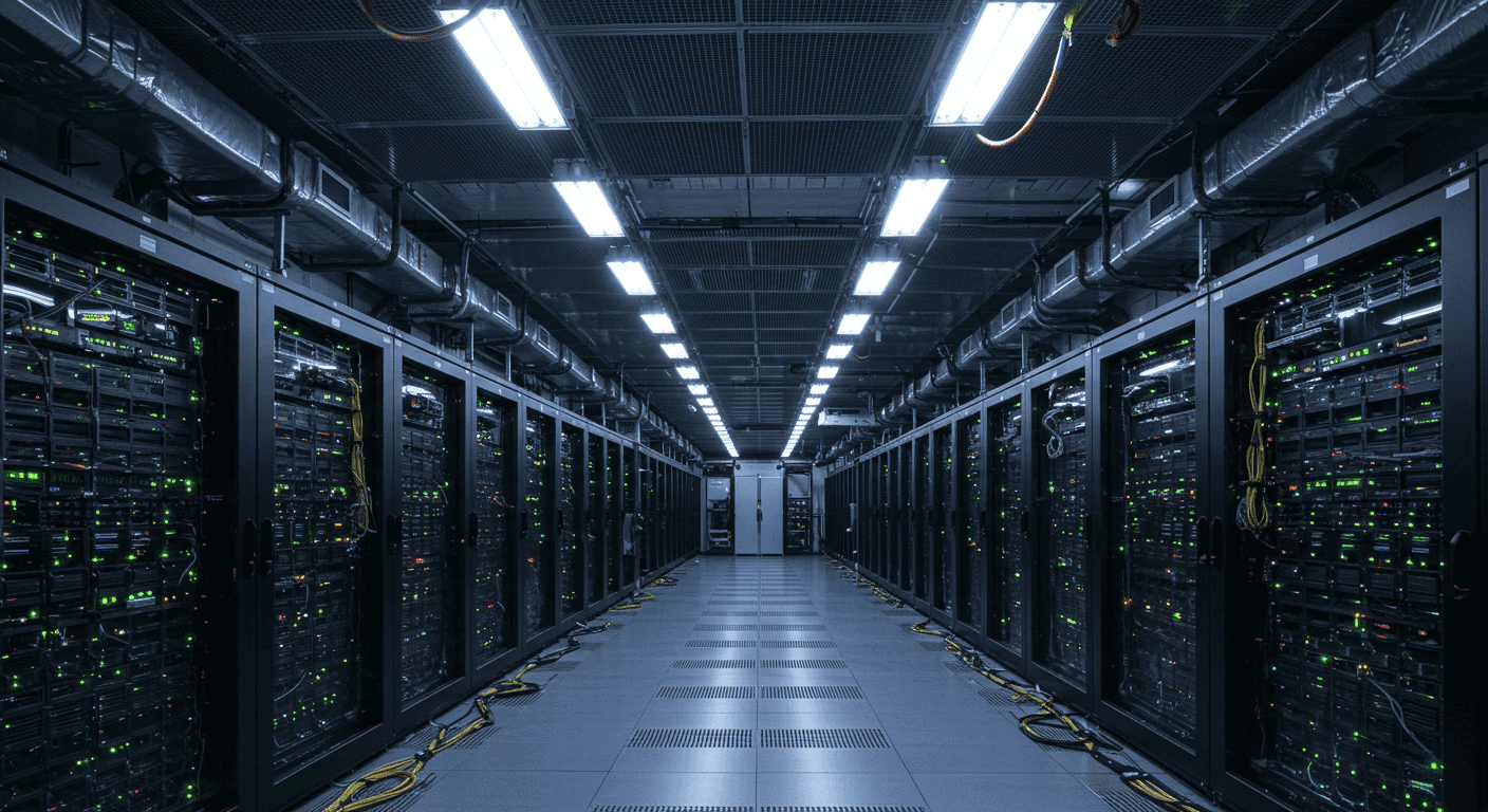 Data center with rows of servers and network equipment