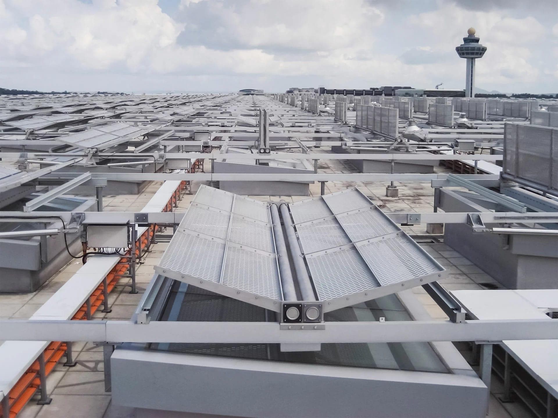 Rooftop view of durlum motorised aluminium daylight control panels at Changi Airport Terminal 3