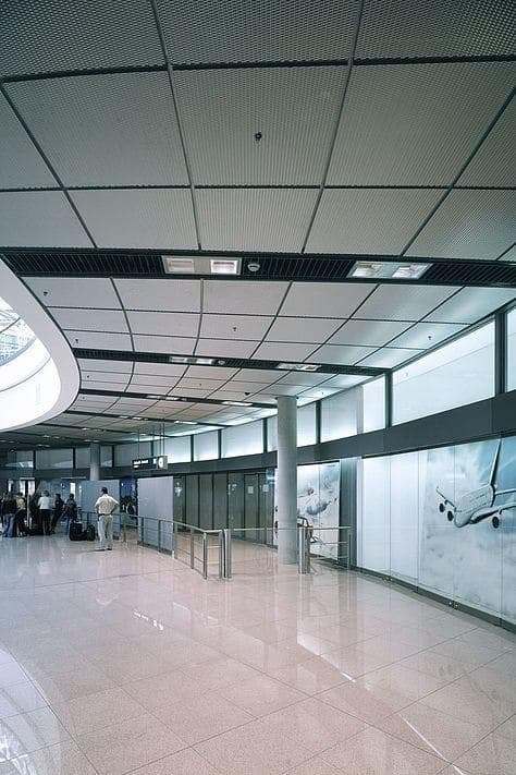Durlum RHOMBOS expanded metal ceiling panels at Hamburg Airport in Germany.