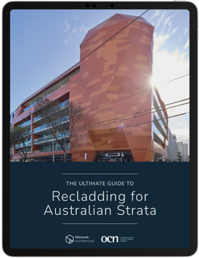 Cover of “The Ultimate Guide to Recladding for Strata” booklet open on a tablet