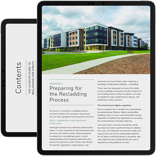 Open booklet on tablet showing information about recladding for strata buildings