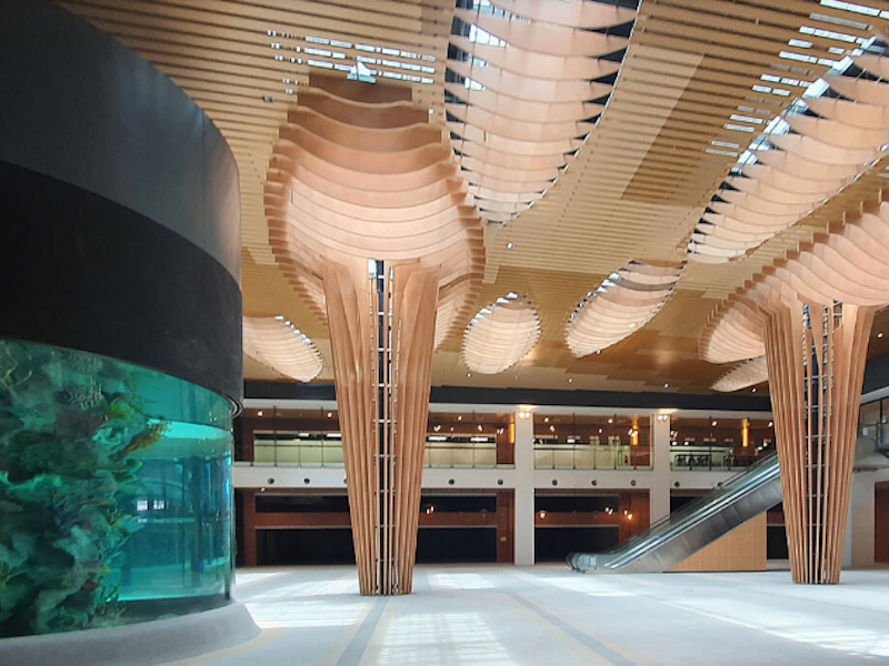 durlum bespoke timber look baffle ceiling resembling tree trunks