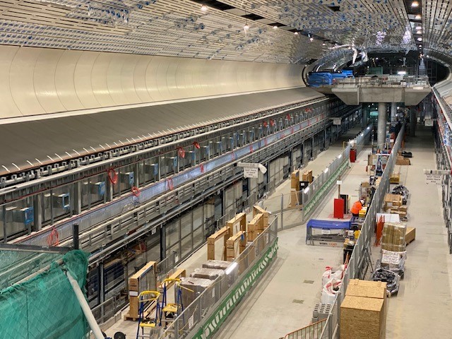 durlum bespoke Metal Ceiling being installed in the large cavern of Victoria Cross Metro Station