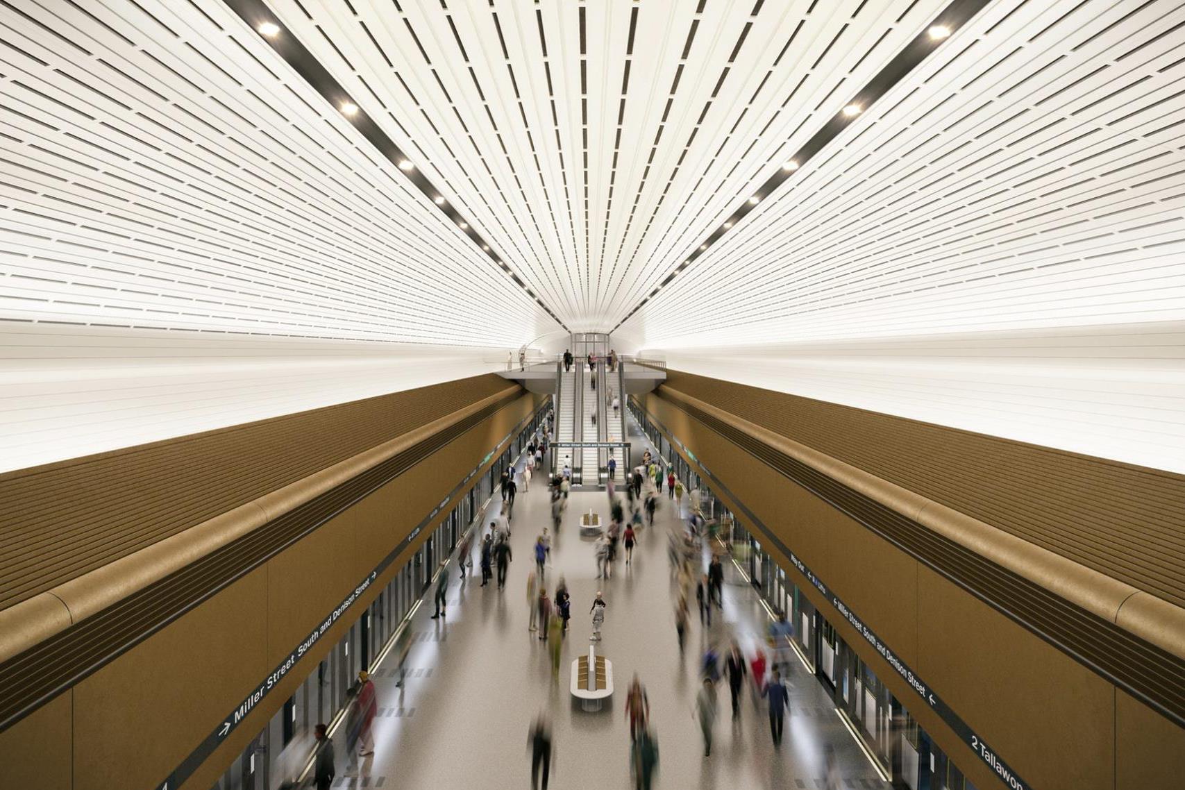 Curved durlum bespoke metal ceilings line the grand cavern ceiling of Sydney Metro’s Victoria Cross Railway Station in North Sydney