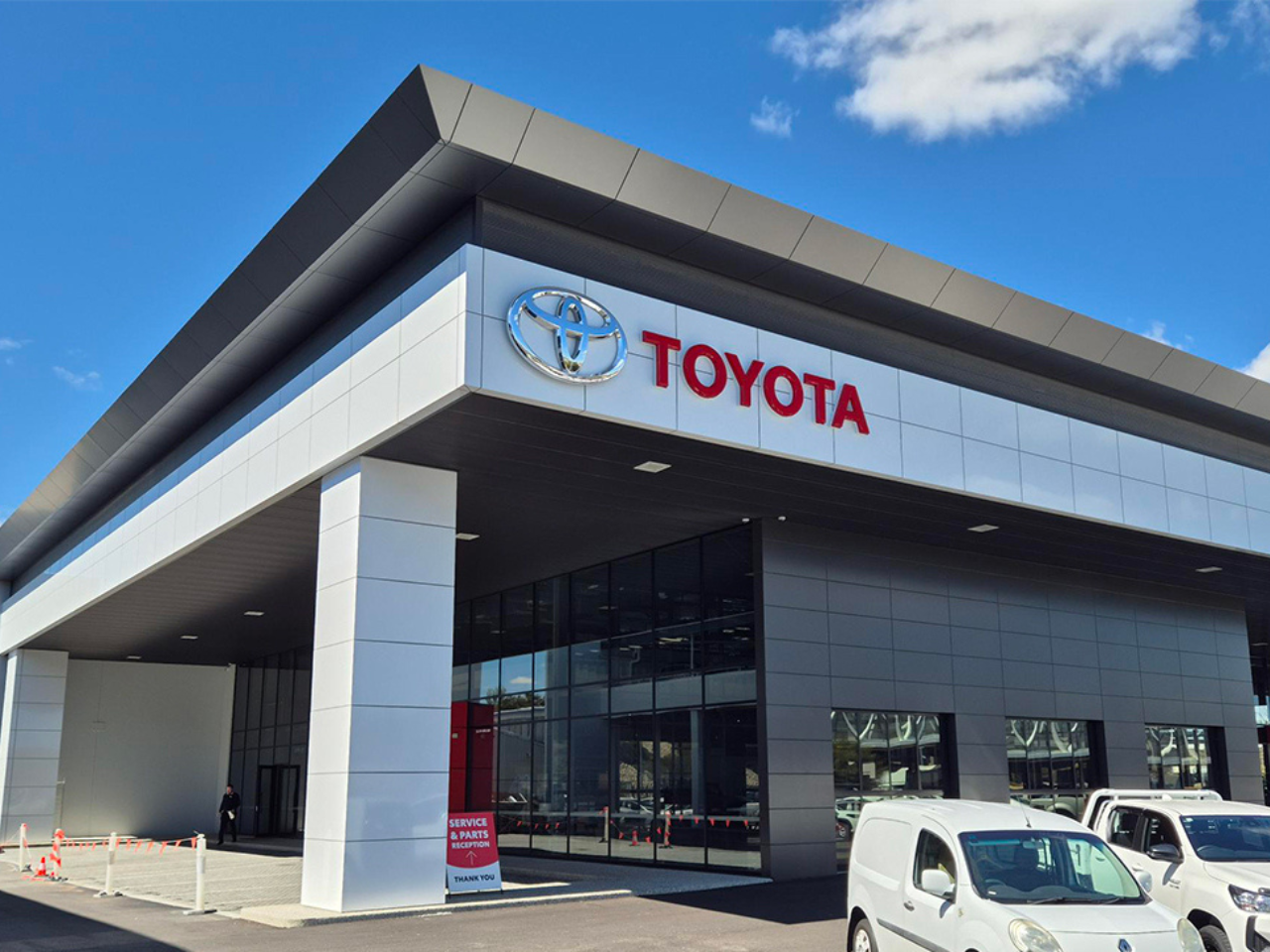 Non-combustible mineral core aluminium cladding on the Scarboro Toyota dealership façade in Osborne Park.