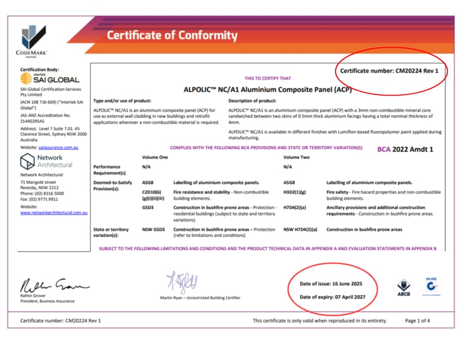 Current ALPOLIC™ NC/A1 CodeMark Certificate of Conformity showing certificate number and expiry date