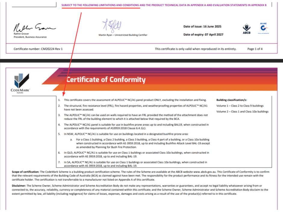 ALPOLIC™ NC/A1 CodeMark Certificate showing limitations and conditions