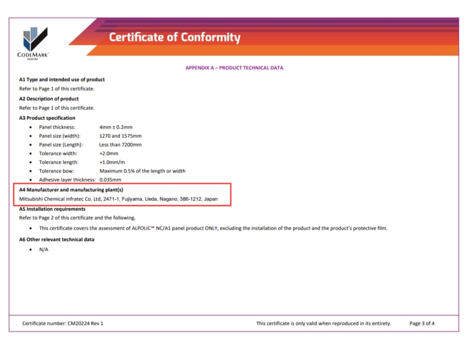 ALPOLIC™ NC/A1 CodeMark Certificate showing certified manufacturing plant location