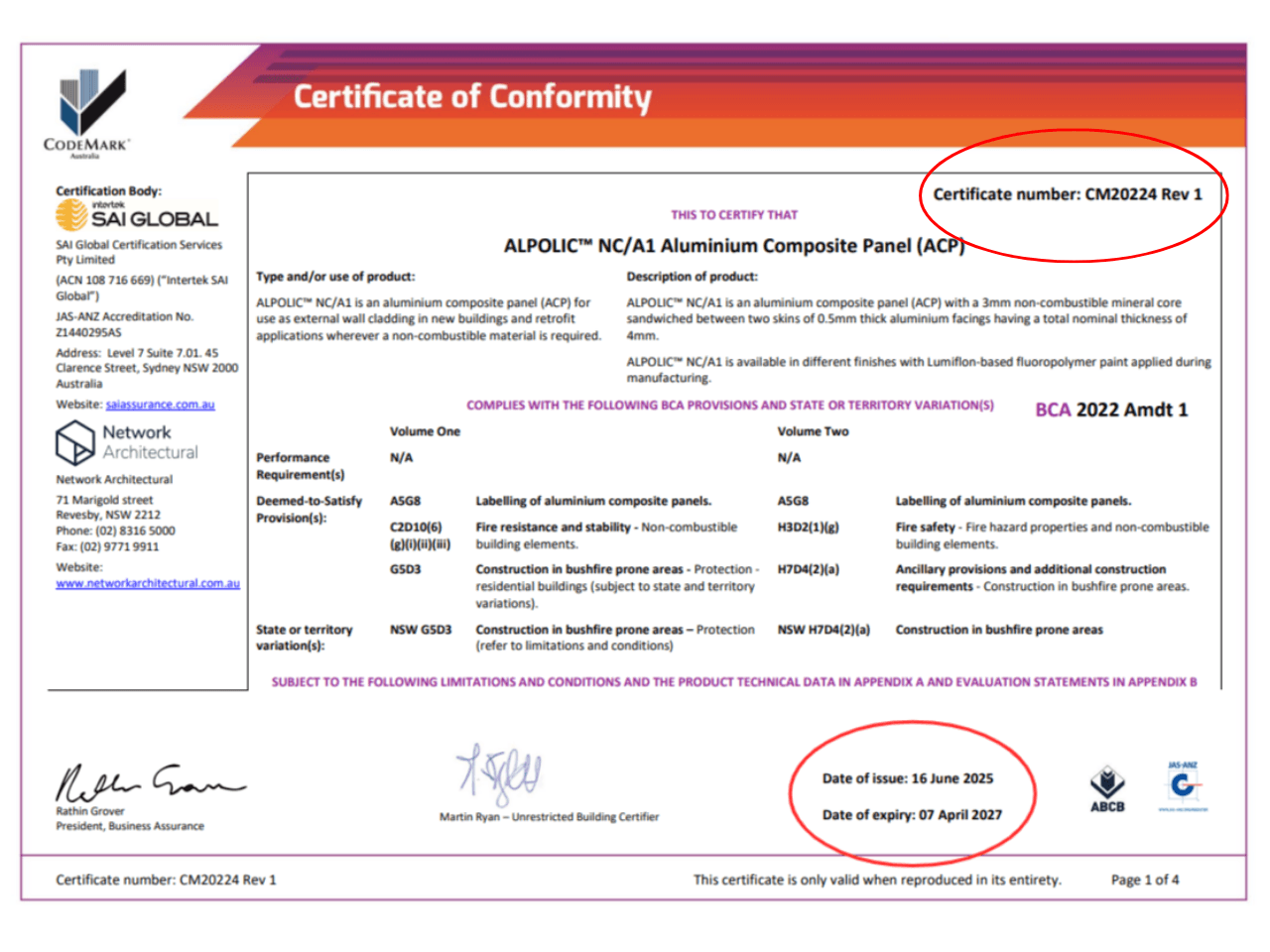 Current ALPOLIC™ NC/A1 CodeMark Certificate of Conformity showing certificate number and expiry date